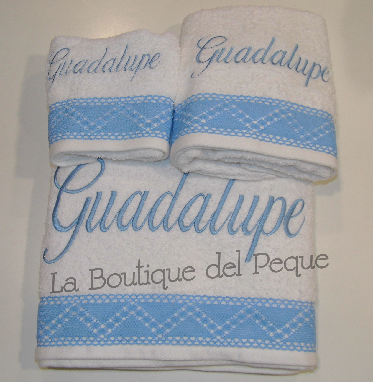 Juego Toallas personalizado Blanco-Celeste